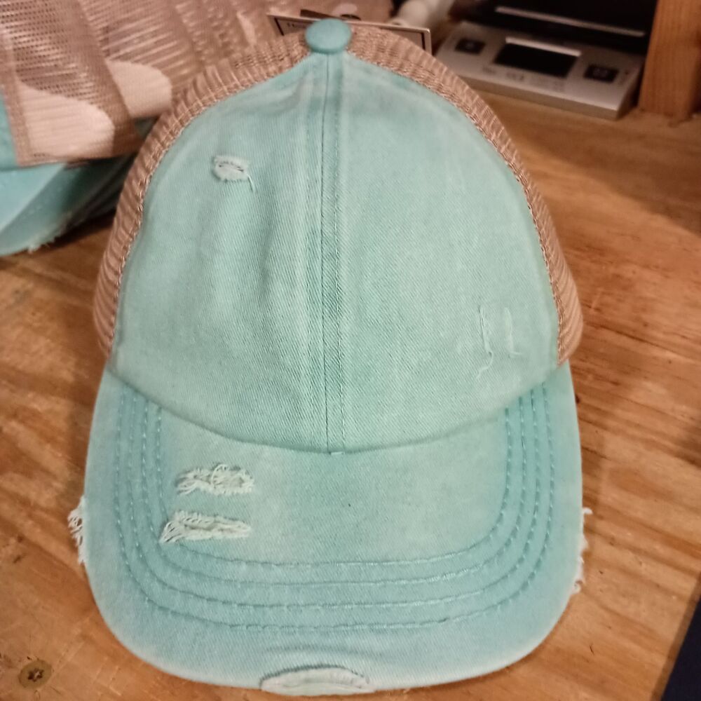 NWT Washed Denim Criss Cross High Pony CC Ball Cap MINT, Ponytail Hat
